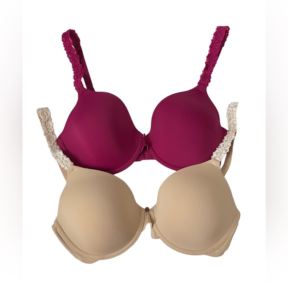Natori BUNDLE Pure Luxe Underwire T-Shirt Bra Tan and Burgundy EUC Size 32D